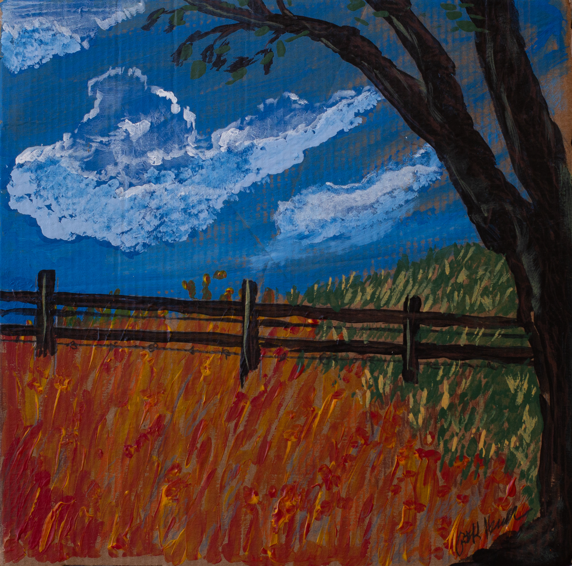 field scene painted on cardboard